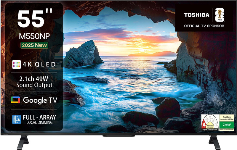 TOSHIBA 139 cm (55 inch) QLED Ultra HD (4K) Smart Google TV with Full Array Local Dimming, 49W Power Bass Woofer and HSR 120(55M550NP)