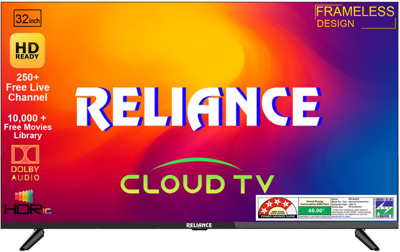 Reliance Cloud OS 80 cm (32 inch) HD Ready LED Smart Android Based TV 2026 Edition with 250+ Live TV Channel Free, 10,000 Free Movie(RW32MP4656HD)