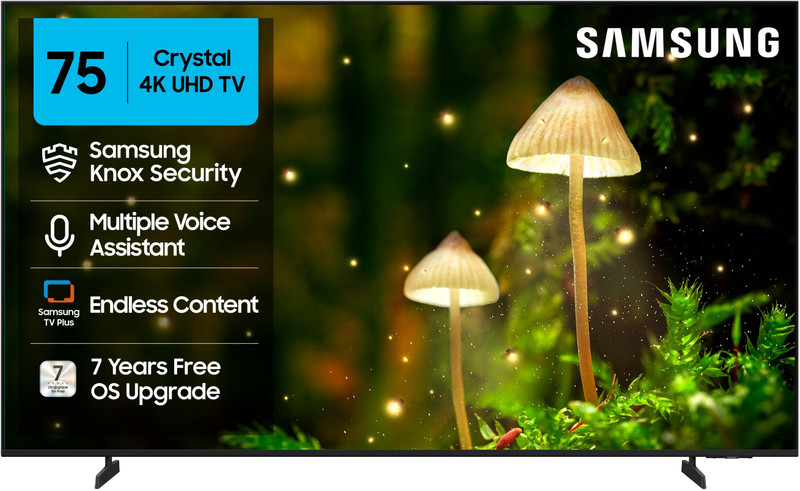Samsung Crystal 4K 189 cm (75 inch) Ultra HD (4K) LED Smart Tizen TV with 4K Upscaling | HDR 10+ | SolarCell Powered Voice Assistance Remote Control | MetalStream Design | PurColor | Slim Look | Samsung Knox Security | 100+ Free Channels | Universal Gestu