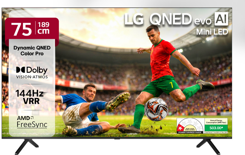 LG AI TV 189 cm (75 inch) Ultra HD (4K) QNED Smart WebOS TV with Alpha8 AI Processor 4K Gen2 Dynamic QNED Color Pro 144 Hz VRR AI Picture Pro Dolby Vision New AI Magic Remote AI Search with MS Copilot AI Sound Pro (9.1.2 ch) Dolby Atmos Chromecast Built-i