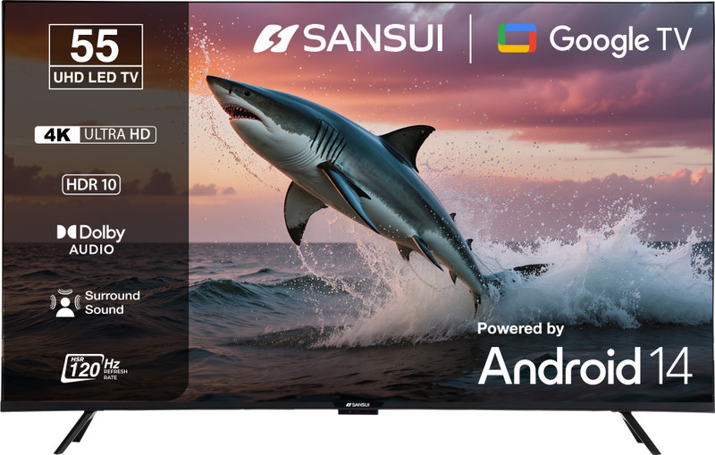 Sansui 140 cm (55 inch) Ultra HD (4K) LED Smart Google TV with HDR10| HLG| Dolby Audio| HSR 120Hz Refresh Rate| MEMC| 30W Surround Sound| FloLED Panel(JSW55UG23)