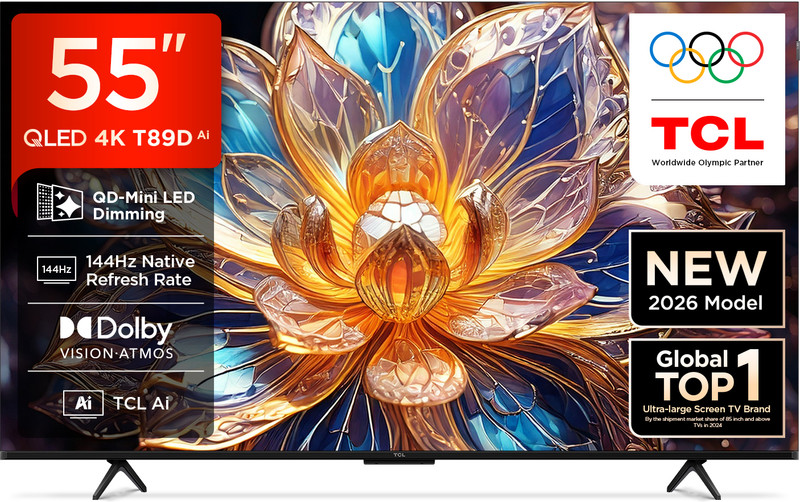 TCL QD-Mini LED Dimming T89D 138.71 cm (55 inch) QLED Ultra HD (4K) Smart Google TV 2026 Edition with TCL Ai HVA Panel Dolby Vision- Atmos, 30W Native Refresh Rate 144Hz, DLG 288Hz MEMC 120 Hz(55T89D)
