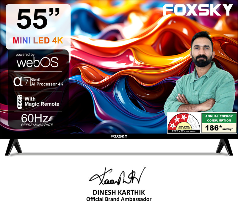 Foxsky 139.7 cm (55 inch) Ultra HD (4K) Mini LED Smart WebOS TV 2026 Edition with 2.1CH Audio System Tuned by 40W, Native 60Hz Refresh Rate(FS55MINILED)