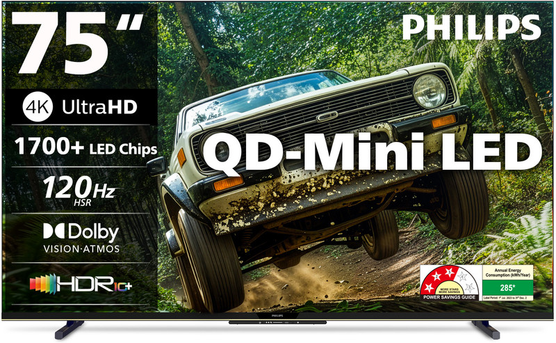PHILIPS 189 cm (75 inch) Ultra HD (4K) Mini LED Smart Google TV 2026 Edition with Local Dimming Dolby Vision & HDR10+ 36W Dolby Atmos 120Hz Game Accelerator Filmmaker Mode Wider Colour Gamut Ultra Narrow Bezel 2GB RAM + 32 GB Storage(75MLED610/94)