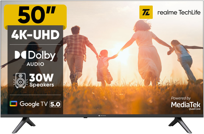 realme TechLife 127 cm (50 inch) Ultra HD (4K) LED Smart Google TV 2025 Edition with 5.0 OS, Dolby Audio, and 30 W downfiring speaker(50UHDGDRWSDB)