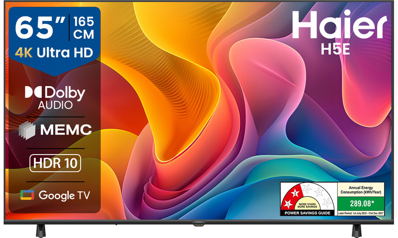 Haier H5E 165 cm (65 inch) Ultra HD (4K) LED Smart Google TV 2025 Edition with Voice Assistance Remote Control |HDR10 | MEMC | Dolby Audio| Total Sonic |Chromecast Built-in| Dual Band Wi-Fi |2GB RAM + 32GB ROM(65H5E)