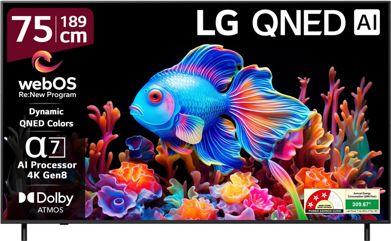 LG AI TV QNED 8CA 189 cm (75 inch) Ultra HD (4K) QNED Smart WebOS TV with Alpha7 AI Processor 4K Gen8 | Dynamic QNED Color | AI Brightness Control | 4K Expression Enhancer | NEW AI Magic Remote | AI Search with MS Copilot | AI Sound Pro (9.1.2 ch) | Dolby
