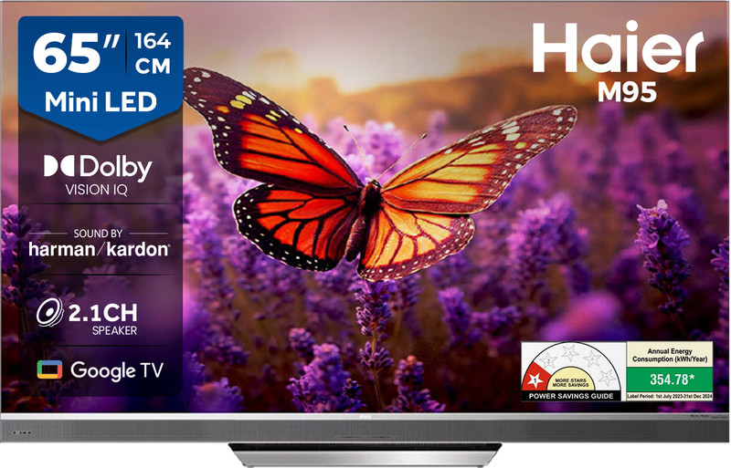Haier M95 164 cm (65 inch) Ultra HD (4K) Mini LED Smart Google TV with Dolby Vision IQ |Sound By Harmon Kardon |Dolby Atmos | 2.1 Ch 60W Speaker with Subwoofer| Solar Remote(H65M95EUX)