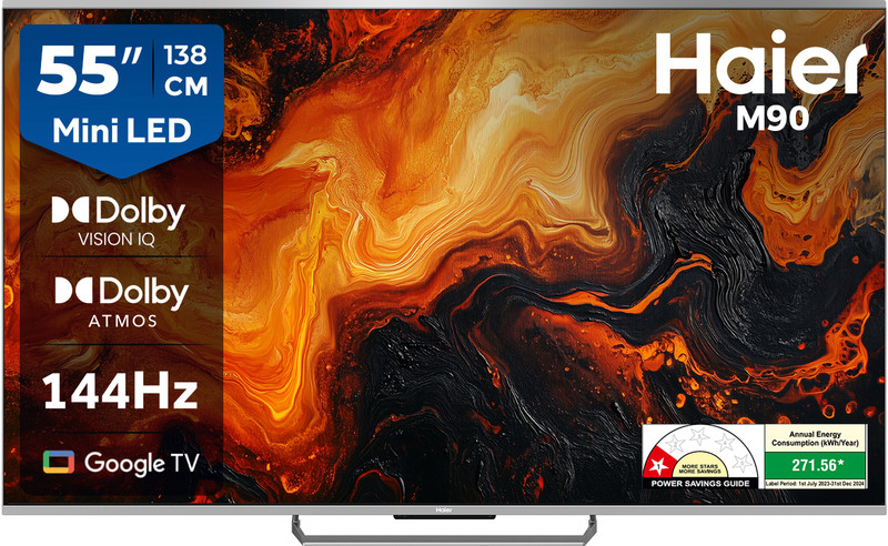 Haier M90 139 cm (55 inch) Ultra HD (4K) Mini LED Smart Google TV with Dolby Vision IQ |Dolby Atmos | 2.1 Ch 50W Speaker with Subwoofer| Solar Remote(H55M90EUX)