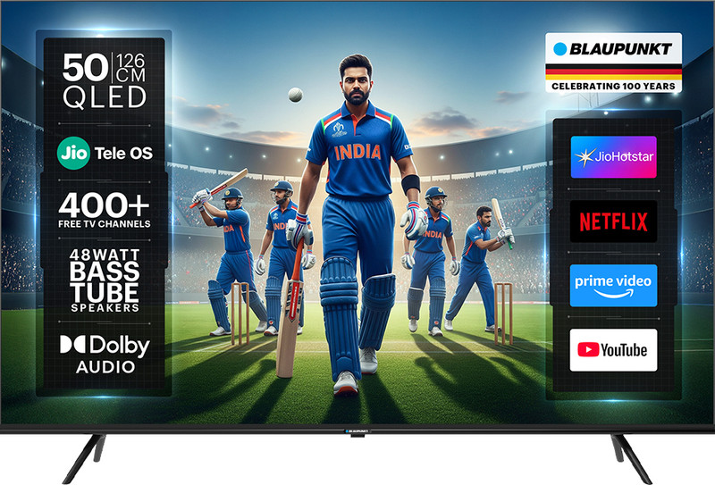 Blaupunkt 126 cm (50 inch) QLED Ultra HD (4K) Smart JioTele OS TV with 48W Sound Output | 2 Speaker | 450 Nits Brightness | Dolby Audio | Multilingual Voice Assistant | 300+ free live TV channels | 300+ JioGames | Web Browser | Sports Mode | Bezel Less De