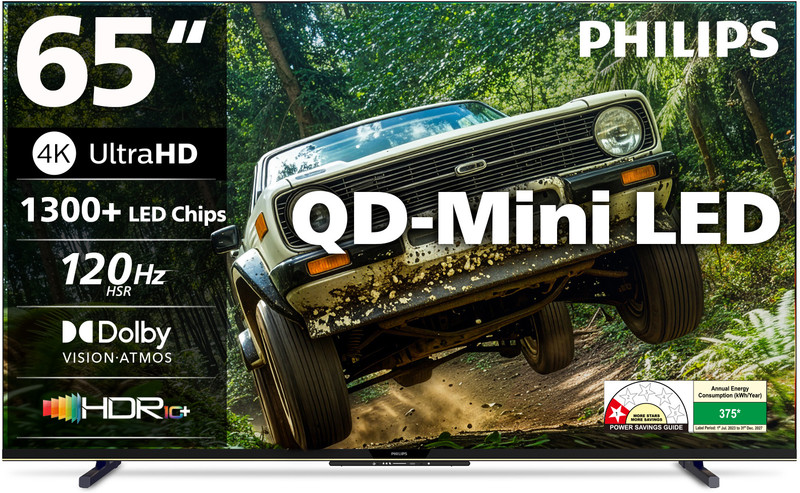 PHILIPS 164 cm (65 inch) Ultra HD (4K) Mini LED Smart Google TV 2025 Edition with Local Dimming Dolby Vision & HDR10+ 36W Dolby Atmos 120Hz Game Accelerator Filmmaker Mode Wider Colour Gamut Ultra Narrow Bezel 2GB RAM + 32 GB Storage(65MLED610/94)