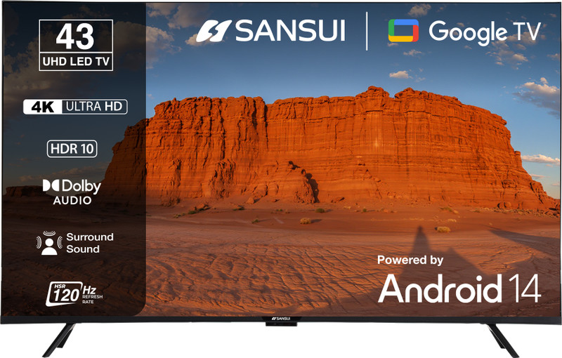 Sansui 109 cm (43 inch) Ultra HD (4K) LED Smart Google TV with HDR10| HLG| Dolby Audio| HSR 120Hz Refresh Rate| MEMC| 30W Surround Sound| FloLED Panel(JSW43UG23)