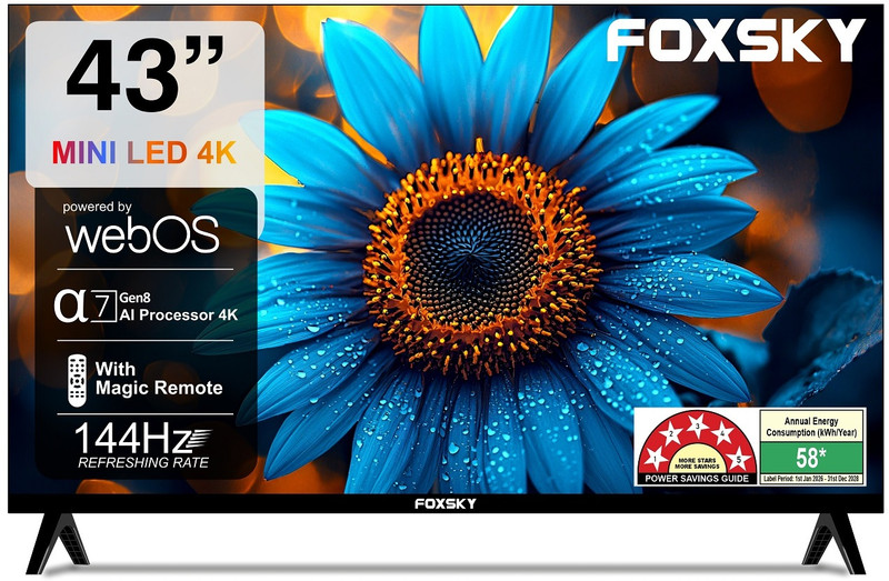 Foxsky 109 cm (43 inch) Ultra HD (4K) Mini LED Smart WebOS TV 2026 Edition with 2.1CH Audio System Tuned by 40W, Native 144 Refresh Rate, Dolby Vision Atmos(FS43MINILED)