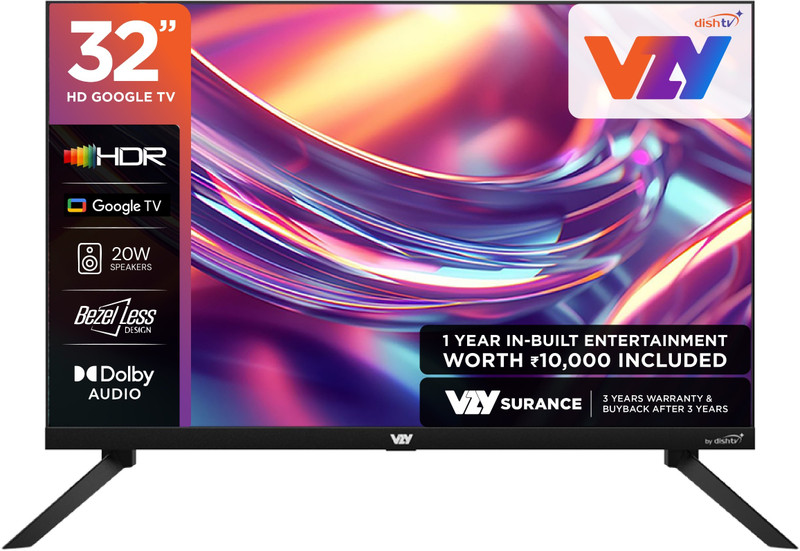 VZY by DishTV 80 cm (32 inch) Full HD LED Smart Google TV with Entertainment Hub By dishtv | 12 Months Royale Sports Kids / Family HD Pack ( Cricket Combo With Sports, Hindi Entertainment News & Kids Channels ) 1 Year Subscription of Watcho South/Max (20