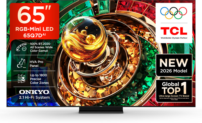 TCL Q7D 163.83 cm (65 inch) Ultra HD (4K) Mini LED Smart Google TV 2026 Edition with Up to 2160 Precise Dimming Zones Up to HDR 2000 nits HVA Pro Panel with Up to 100% BT.2020 46W ONKYO 2.1Hi-Fi with Flush Unibody & Slim Design RGB-Mini LED(65Q7D)