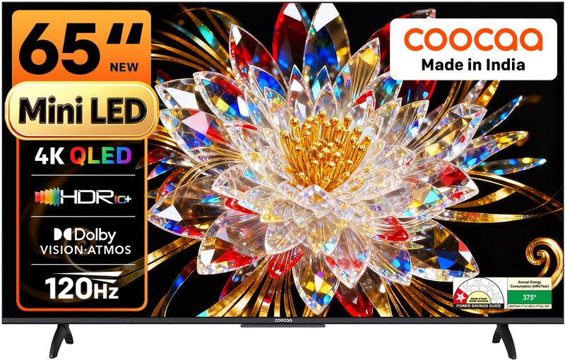 Coocaa 164 cm (65 inch) Ultra HD (4K) Mini LED Smart Google TV 2025 Edition with Local Dimming -2025 Edition | Dolby Vision & Dolby Atmos | HDR 10+ | Filmmaker Mode | 120Hz Game Accelerator | ALLM & MEMC | Wide Colour Gamut | 36W Sound | 32 GB Storage(65MINI75Q)
