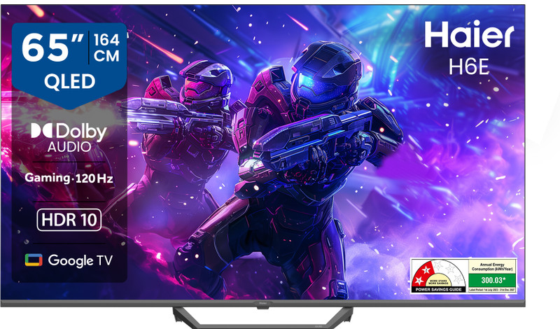 Haier H6E 164 cm (65 inch) QLED Ultra HD (4K) Smart Google TV with HDR10| Auto Low Latency Mode (ALLM)| HDMI 2.1 |120 Hz Gaming | Voice Control with Google TV ("Ok| Google")| Metallic Bezel-less Design.(65H6E)