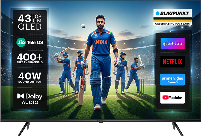 Blaupunkt 139 cm (55 inch) QLED Ultra HD (4K) Smart JioTele OS TV with 48W Sound Output | 2 Speaker | 450 Nits Brightness | Dolby Audio | Multilingual Voice Assistant | 300+ free live TV channels | 300+ JioGames | Web Browser | Sports Mode | Bezel Less Design(BP55JQD0036)