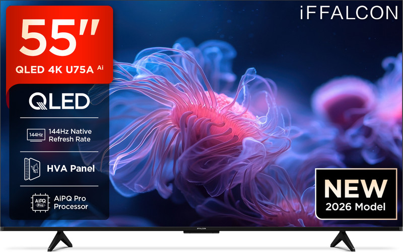 iFFALCON U75A 139 cm (55 inch) QLED Ultra HD (4K) Smart Google TV 2026 Edition with 144Hz Native Refresh Rate, DLG 288Hz AiPQ Pro Processor Dolby Vision- Atmos,DTS Virtual:X MEMC 120 Hz with Premium Gaming Experience(55U75A)