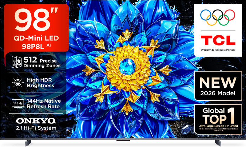 TCL P8L 248 cm (98 inch) Ultra HD (4K) Mini LED Smart Google TV 2026 Edition with Precise Dimming Series Up to 512 Zones High HDR Brightness 144 Hz Native Refresh Rate Dolby Vision IQ TCL Ai 46 W ONKYO 2.0, IMAX Enhanced Airplay 2(98P8L)