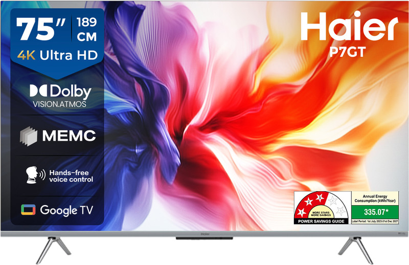 Haier P7GT 189 cm (75 inch) Ultra HD (4K) LED Smart Google TV with Dolby Vision . Atmos | Hands Free Voice control |Gaming 120Hz(75P7GT)