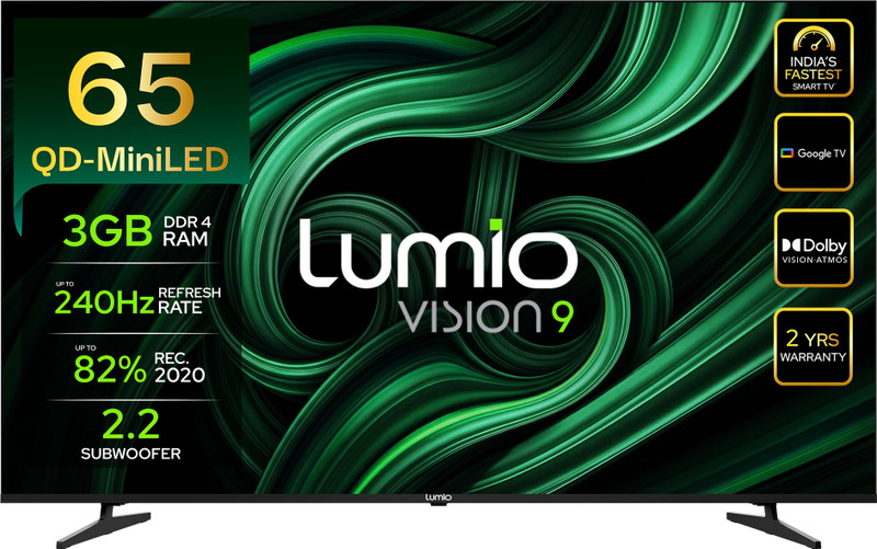 Lumio Vision 9 165 cm (65 inch) Ultra HD (4K) Mini LED Smart Google TV 2026 Edition with 4K 144Hz 1080p 240Hz HDR Dolby Vision + Atmos and 800 Nits Peak Brightness Over 100% Colour India's Fastest Smart TV* with 3GB RAM(EPIC2-ADSI)