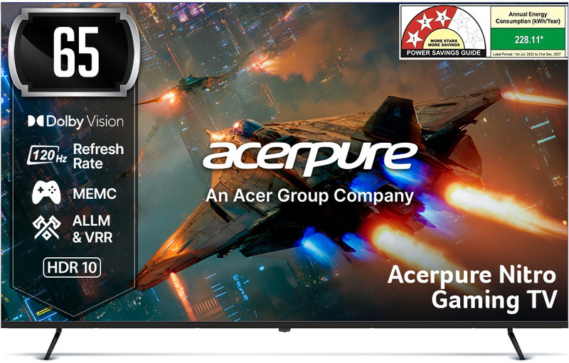 acerpure Nitro 164 cm (65 inch) QLED Ultra HD (4K) Smart Google TV 2025 Edition with 120 Hz GTV 5.0 |Android 14 |Dolby Vision & Dolby Atmos|50W Sound|Tuner|Wi-Fi Direct|ALLM |VRR|MEMC|Karaoke|AI|Gaming |Wall Mount(AP65UG75PNTO5)