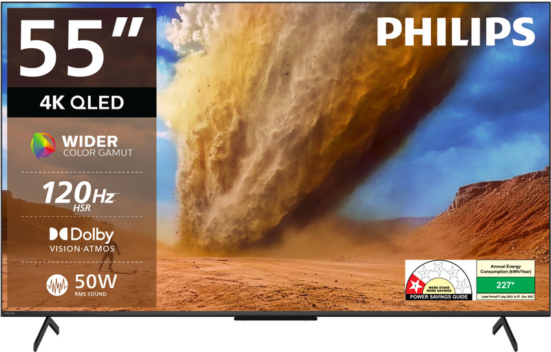 PHILIPS 138 cm (55 inch) QLED Ultra HD (4K) Smart Google TV with Dolby Vision & HDR 10+ | 120Hz Refresh Rate | 50W Dolby Atmos 2.1.2 Channel | Wider Colour Gamut | Ultra Narrow Bezel | 3GB RAM & 16GB Storage(55PQT8300/94)