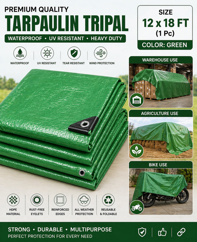 GrahLogy Waterproof Tarpaulin 12*18Inch Tripal Sheet with Heavy Duty Cover Tent - For Agriculture Use, Roof Covering, Warehouse Storage, Vehicle Protection(Green)