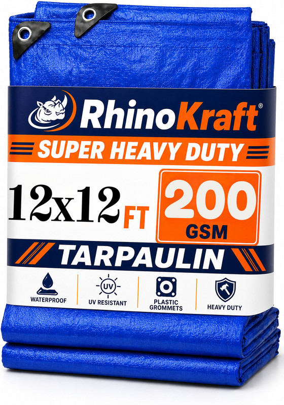 RHINOKraft 12ft X 12ft, 200GSM | Premium Water Proof Tarpaulin Sheet | water saver Tent - For Camping(Blue)