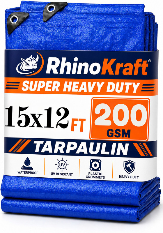 RHINOKraft 12ft X 12ft, 200GSM | Premium Water Proof Tarpaulin Sheet | water saver Tent - For Camping(Blue)