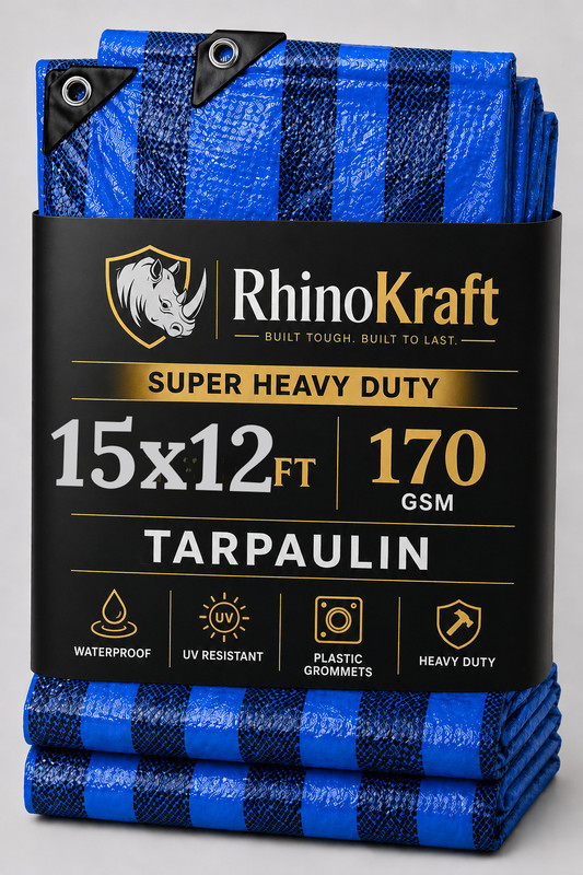 RHINOKraft 18ft X 12ft, 170GSM | Stripe Water Proof Tarpaulin Sheet | Trusted quality Tent - For Camping(Blue)