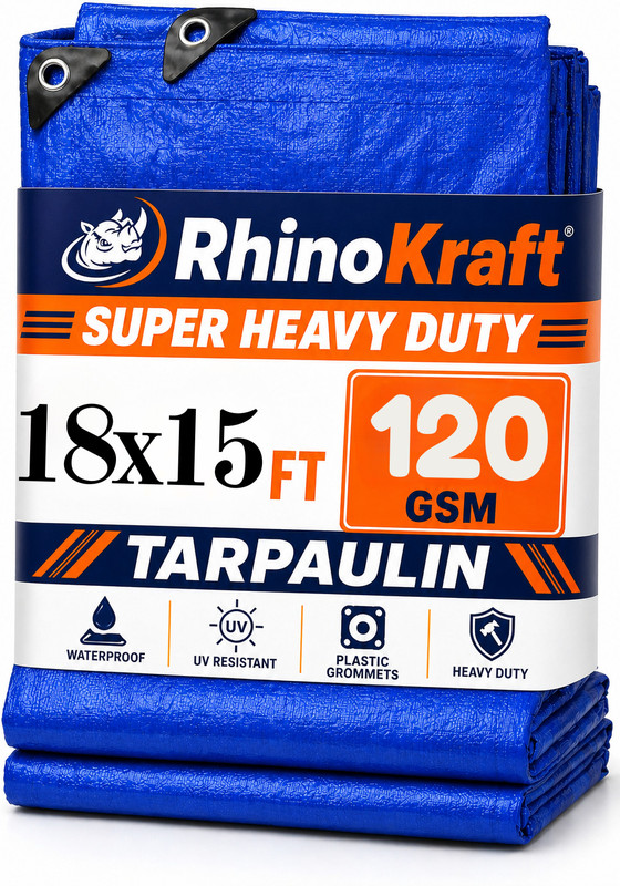 RHINOKraft 12ft X 12ft, 120GSM | Heavy Duty Water Proof Tarpaulin Sheet or Tadpatri Tent - For Camping, Construction Sites, Transportation Covers, Temporary Shelters(Blue)
