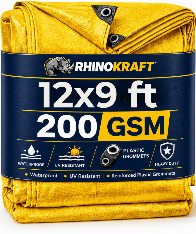 RHINOKraft 12ft X 9ft, 200GSM | Heavy Duty Water Proof Tarpaulin Sheet multipurpose Tent - For Camping, Construction Sites(Yellow)