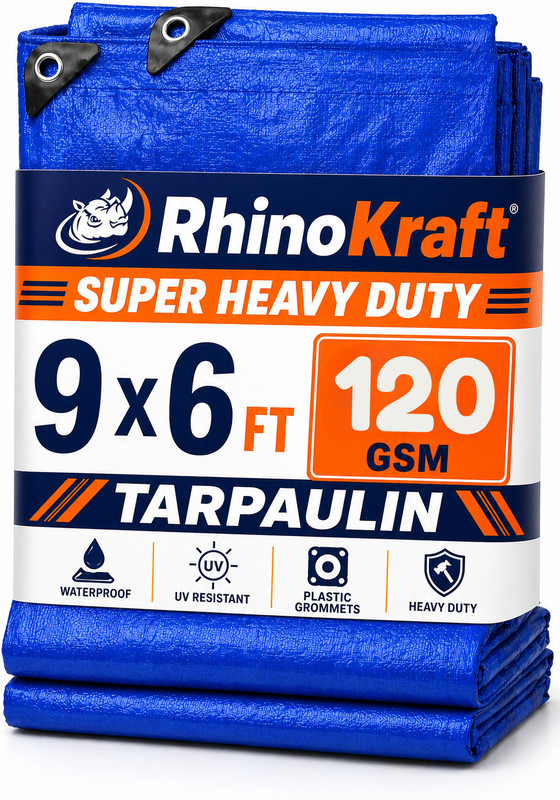 RHINOKraft 9ft X 6ft, 120 GSM | Water Proof Tarpaulin Sheet | Majboot Tent - For Camping, Construction Sites, Transportation Covers, Temporary Shelters(Yellow)