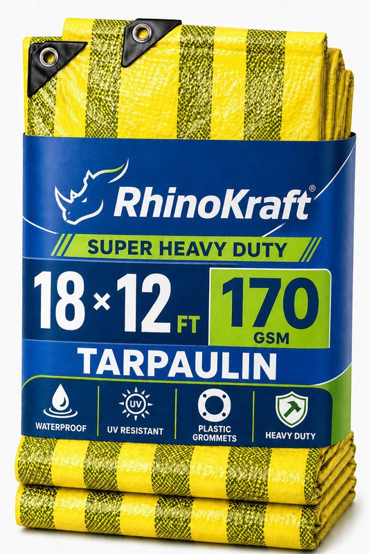 RHINOKraft 18ft X 12ft, 170GSM | Stripe Water Proof Tarpaulin Sheet for everyday use Tent - For Camping(Yellow)