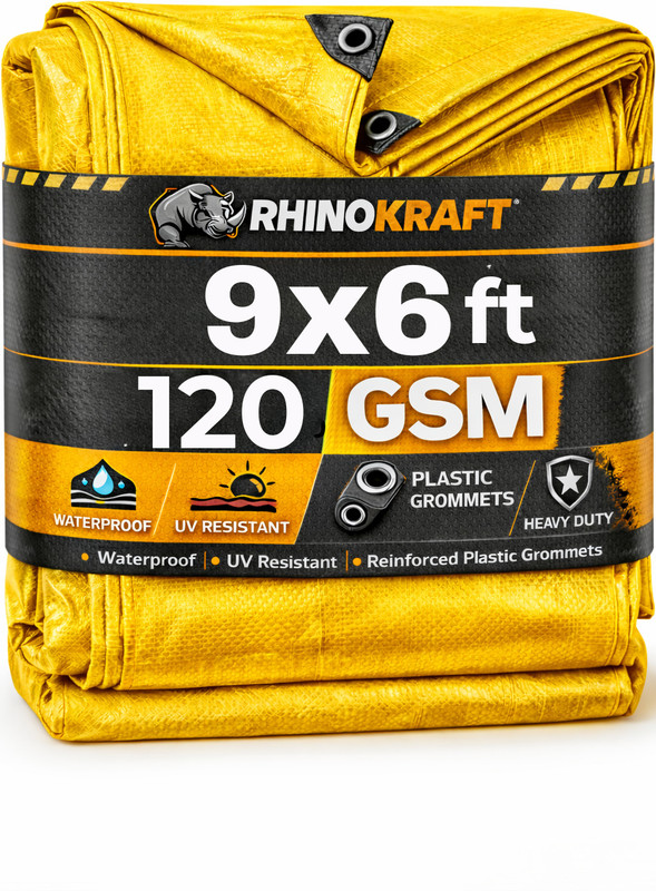 RHINOKraft 9ft x 6ft, 200 GSM | Water Proof Tarpaulin Sheet | Virgin | Surya Protection Tent - For Camping, Construction Sites, Transportation Covers, Temporary Shelters(Yellow)