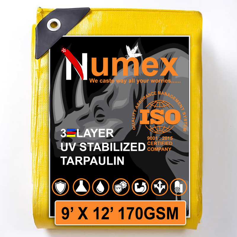 Numex 12ft X 12ft, 140 GSM | Water Proof Tarpaulin Sheet | 100% Pure Virgin | ISO Cert Tent - For Camping, Construction Sites, Transportation Covers, Garden(Yellow)