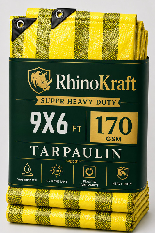 RHINOKraft 9ft X 6ft, 170GSM | Stripe Water Proof Tarpaulin Sheet | Sun Ray Saver Tent - For Camping(Yellow)