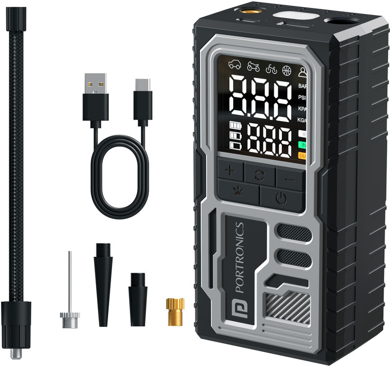 Portronics Vayu 10 Rechargeable Tyre Inflator 150 psi Tyre Air Pump for Car & Bike(Auto Shut Off)