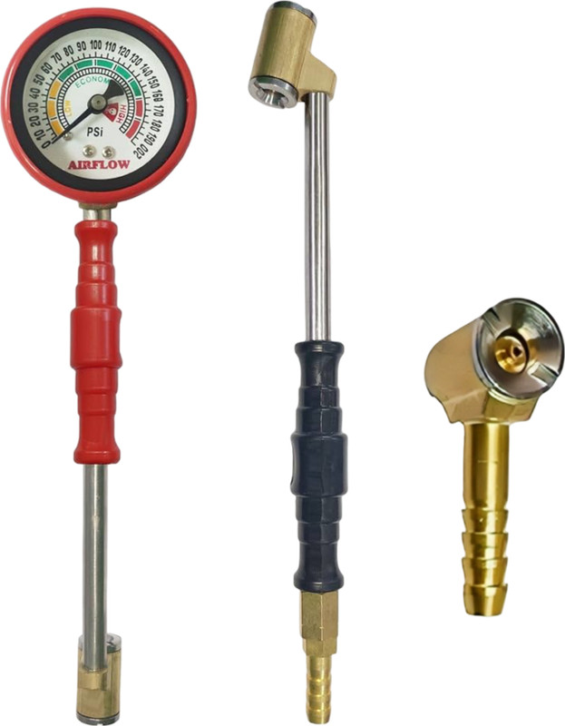 TOOLBUX Analog Tire Pressure Gauge Twin Head Air Valve Connector Tyre Inflator Chuck with Pressure Gauge Kit(200 PSI)