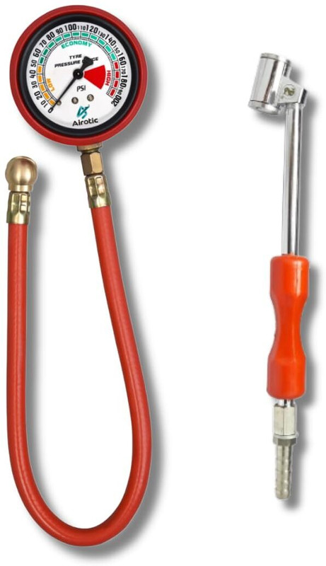 airotic Stick Tire Pressure Gauge Air Pressure Gauge HTC (200 PSI) with 7" Twin Tyre Connector with Pressure Guage(0-200 PSI)