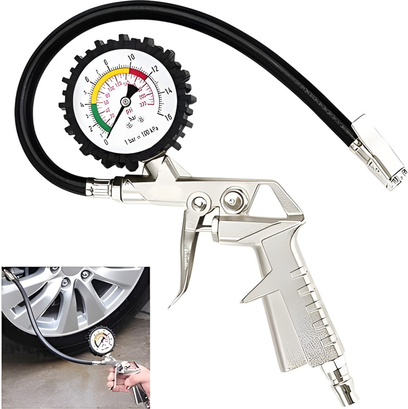 glowora Analog Tire Pressure Gauge Heavy Duty Tire Inflator Gun with Pressure Gauge & Flexible Hose(0-220 PSI)