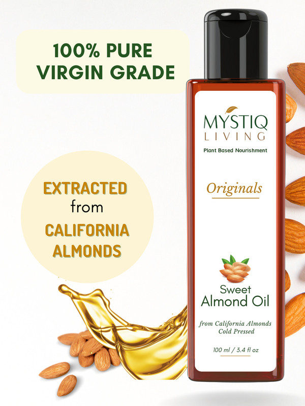 Mystiq Living Sweet Almond Oil (100% Pure & Cold Pressed For Skin, Body & Hair - Odourless(100 ml)