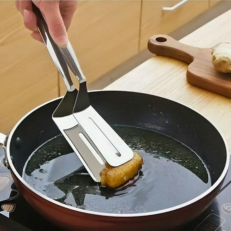 KRUTHU Stainless Steel Steak Tongs with Double Side Spatula for Serving and Grilling 25 cm Roasting Tong Set(Pack of 1)