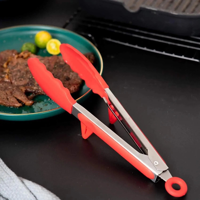 Baskety 9 inch Black 9 Inch Stainless Steel Handle Kitchen Tongs with Black Silicone Tips 24 cm Biscuit, Pastry, Sandwich, Salad, Serving Tongs(Pack of 1)