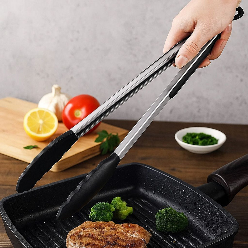 Ramkuwar Tong 9 inch Black High-Quality Stainless Steel Food Grip 27 cm Serving Tongs(Pack of 1)