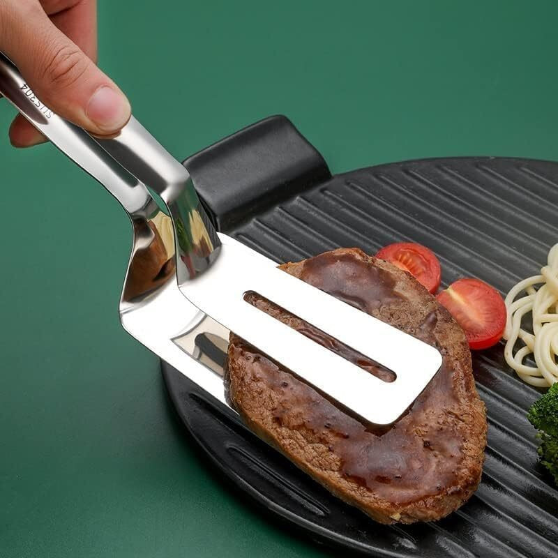 DECAGONAL Stainless Steel Serving Tong BBQ Bread Barbecue Tong Fried Steak Double Sided Cooking Tool Frying Turner Spatula Multifunctional Stainless Steel 26 cm Serving Tongs(Pack of 1)