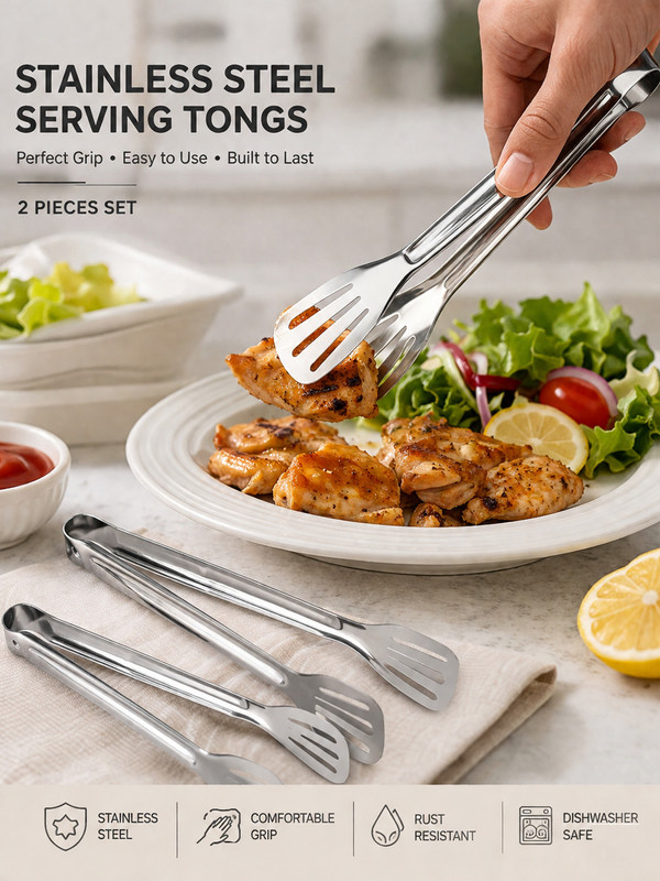 lyon PRO-TNG-SS-2P01 ServeEase Stainless Steel Tong Set (2 Pieces) – Multipurpose Kitchen Tool 23 cm Roasting Beaker Tong(Pack of 2)