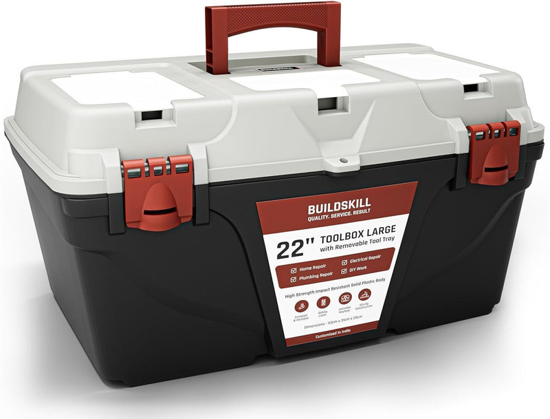 BUILDSKILL BPTBLA 22" Large Tool Box for Home | Convenient Top Lids | Secure Latch Lock | Key Hole Tool Box with Tray